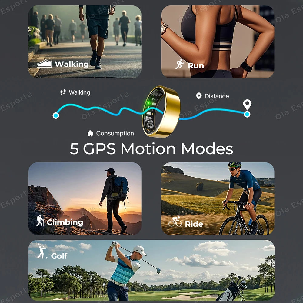 Gold smart fitness ring highlighting five GPS tracking modes for walking, running, climbing, cycling, and golf.