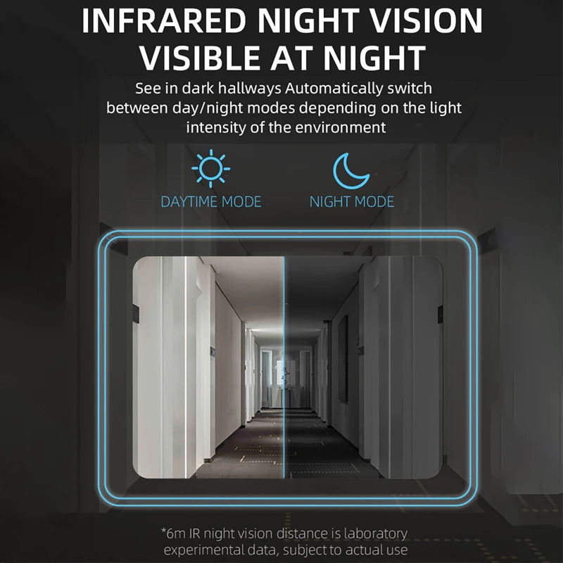 A split-screen comparison showing a hallway in bright daytime mode and clear infrared night mode.