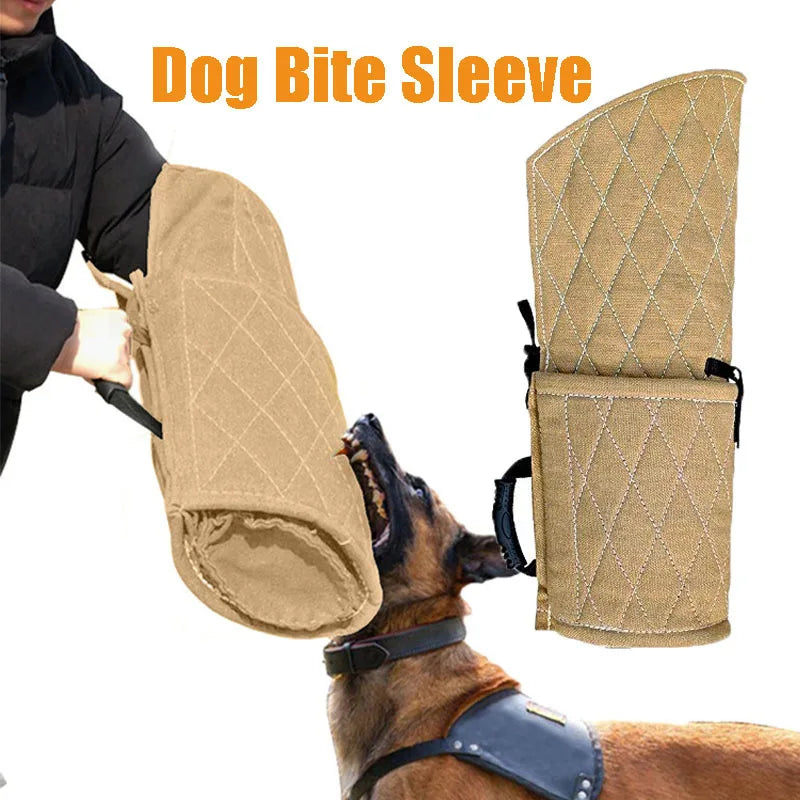 Beige jute dog bite training sleeve with diamond stitching, internal handle, and arm protection.