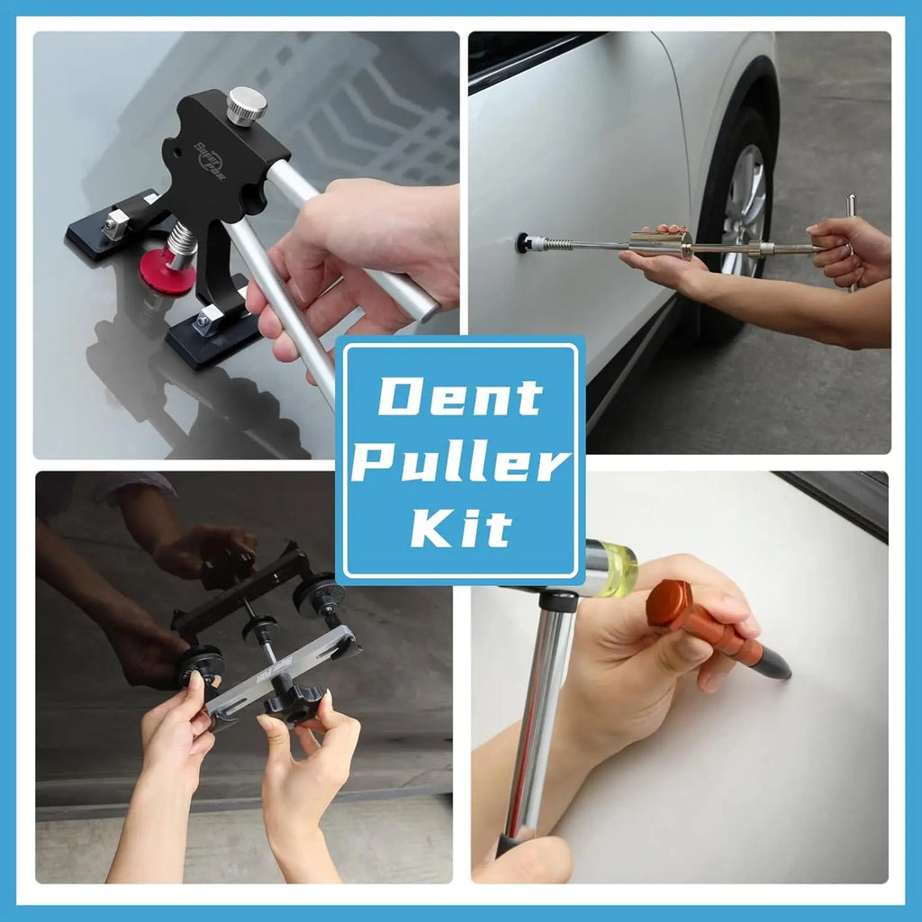 Black and silver Super PDR car dent puller kit with various repair tools, slide hammer, and tapping pen in use.