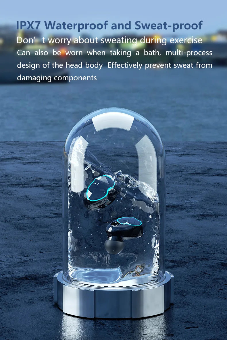 Black wireless earbuds with blue light accents inside a glass display case filled with water.