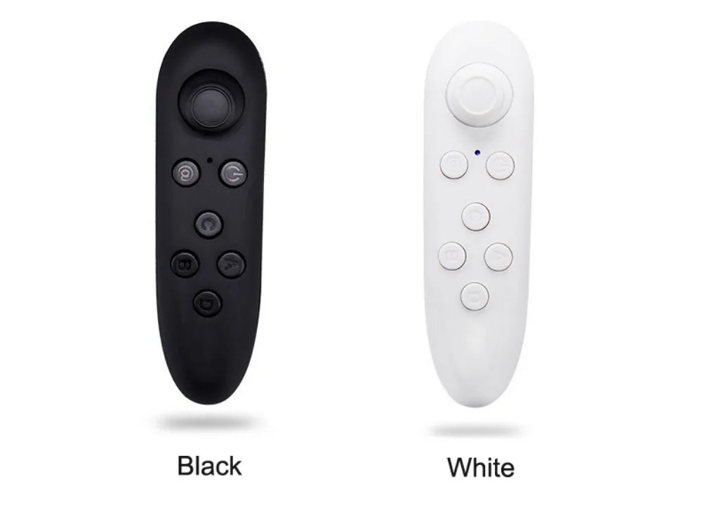 Two handheld, pill-shaped wireless controllers in black and white, featuring a joystick and circular function buttons.