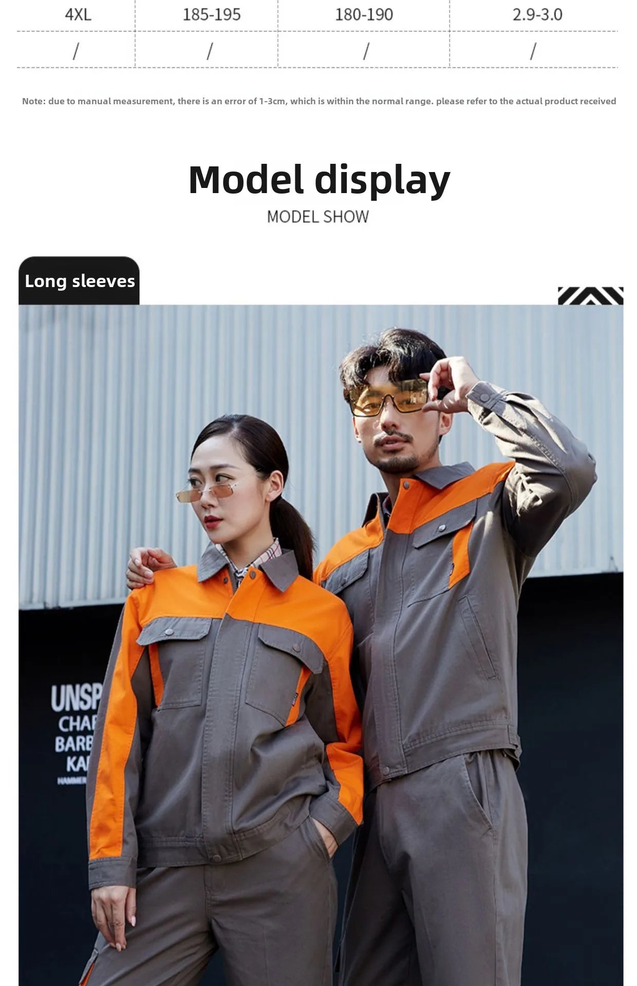 A man and woman wearing matching grey and orange long-sleeve work jackets with button-flap chest pockets.