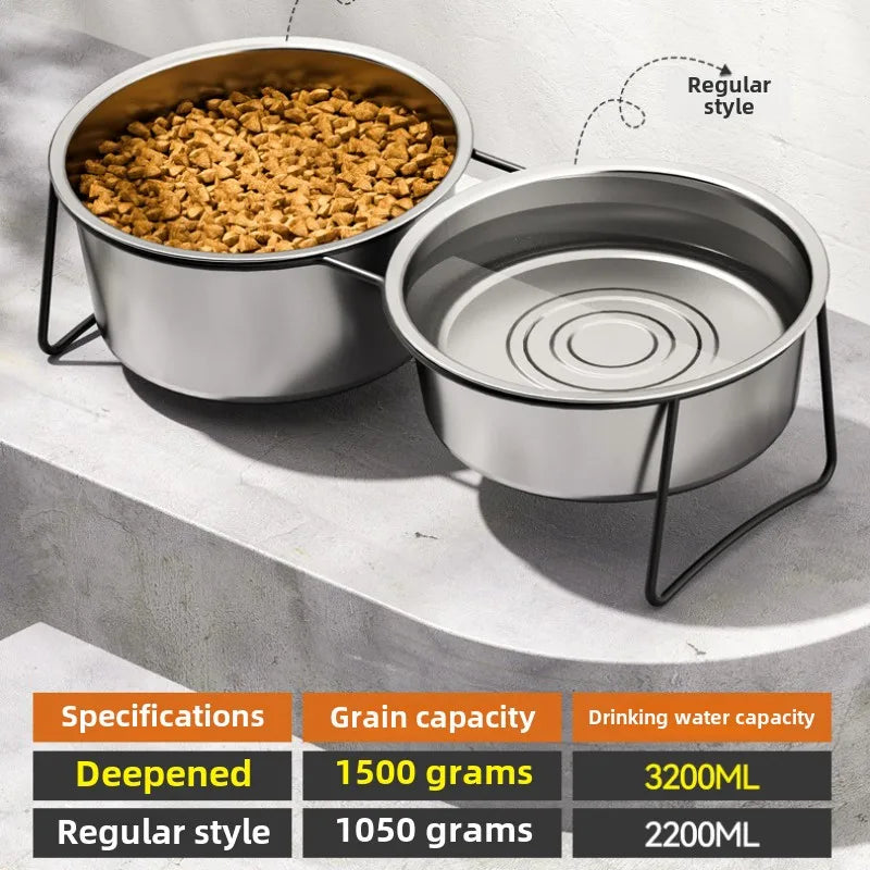 Two silver stainless steel elevated dog bowls on black stands; one filled with kibble and one with water.
