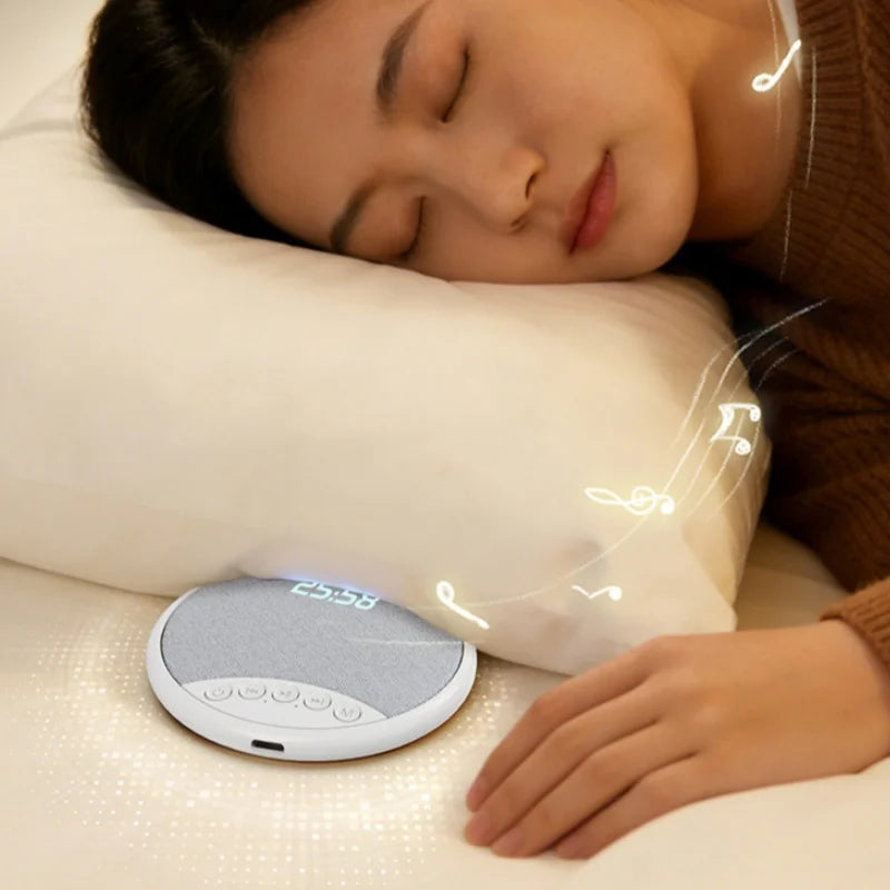 A person sleeping soundly next to a sleek, round white and grey Bluetooth pillow speaker with a digital clock display.