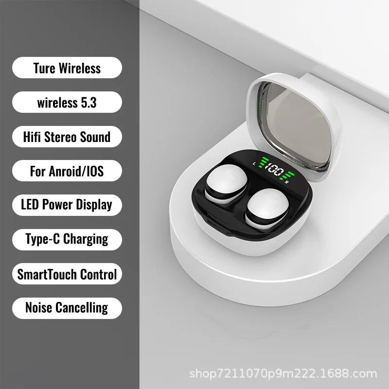 White wireless earbuds in a black and white charging case with a digital LED battery display.