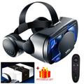 Black VRG Pro 3D VR headset with head strap, built-in headphones, black remote, and product box.