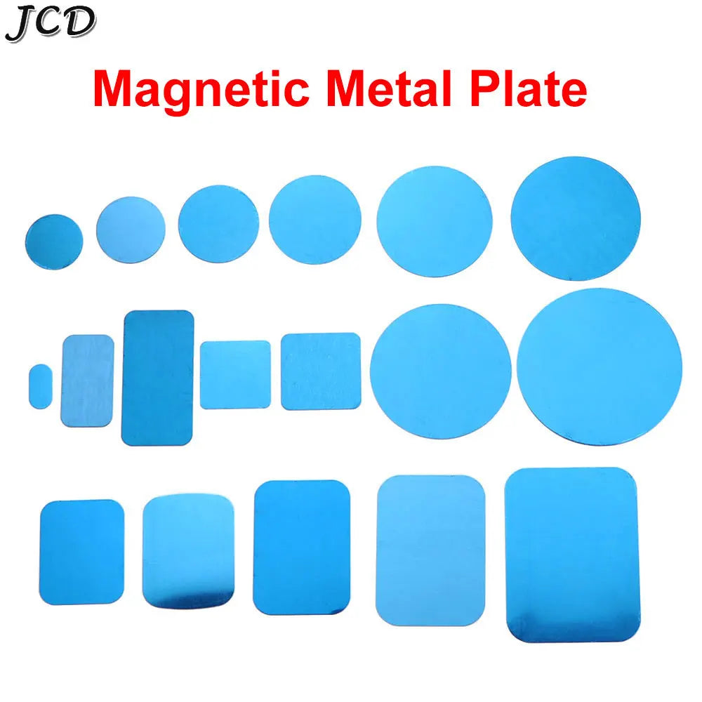 Assorted bright blue circular and rectangular magnetic metal plates arranged in a grid on a white background.