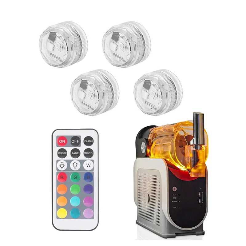 Four clear, capsule-shaped LED light modules for slushie machines, includes a multi-colour remote control.