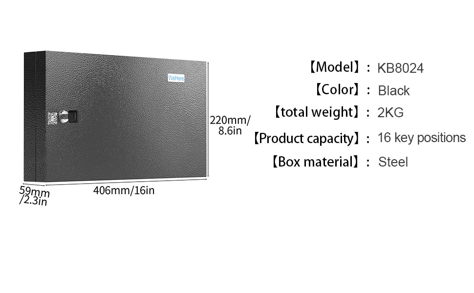 Black steel wall-mounted key storage box with lock and 16 key positions, shown with dimensions.