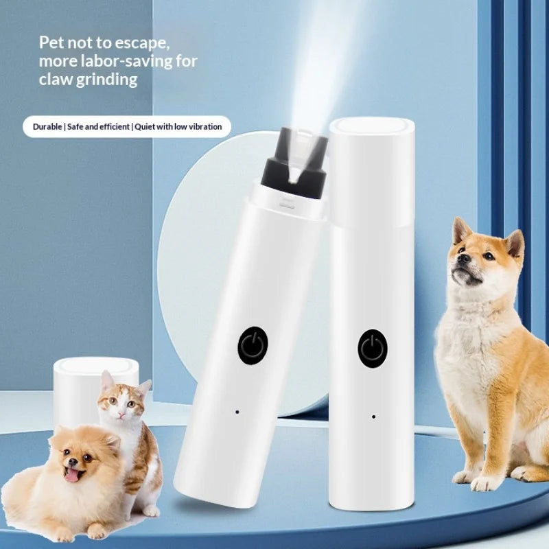 White electric pet nail grinder with a built-in LED light, featuring a sleek, cordless design with a power button.