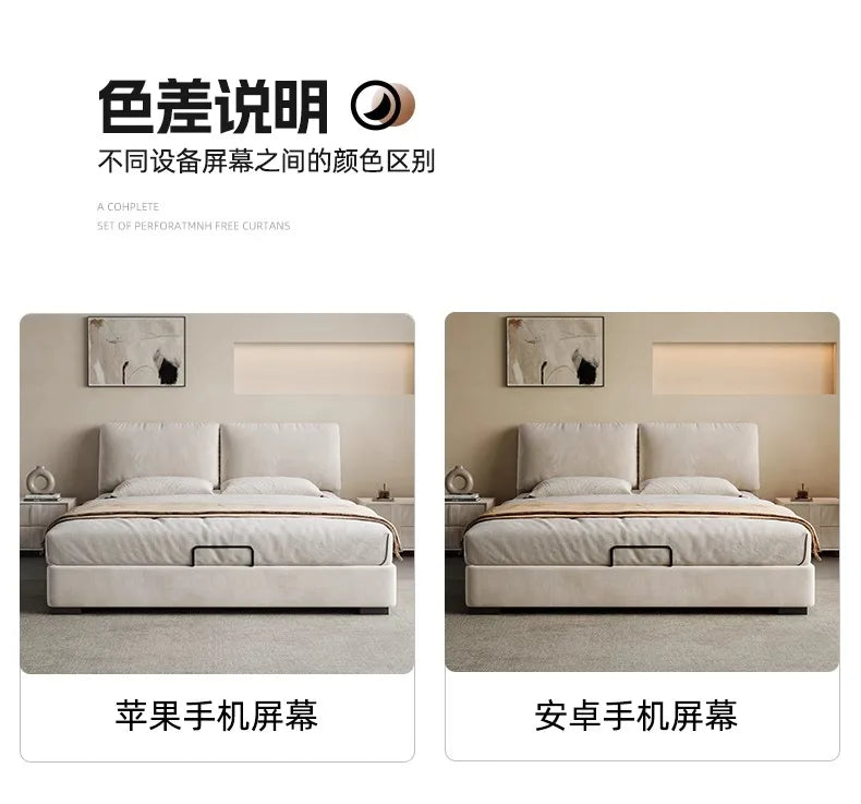 Modern 180x200cm cream storage bed with a plush, padded headboard in a contemporary bedroom setting.
