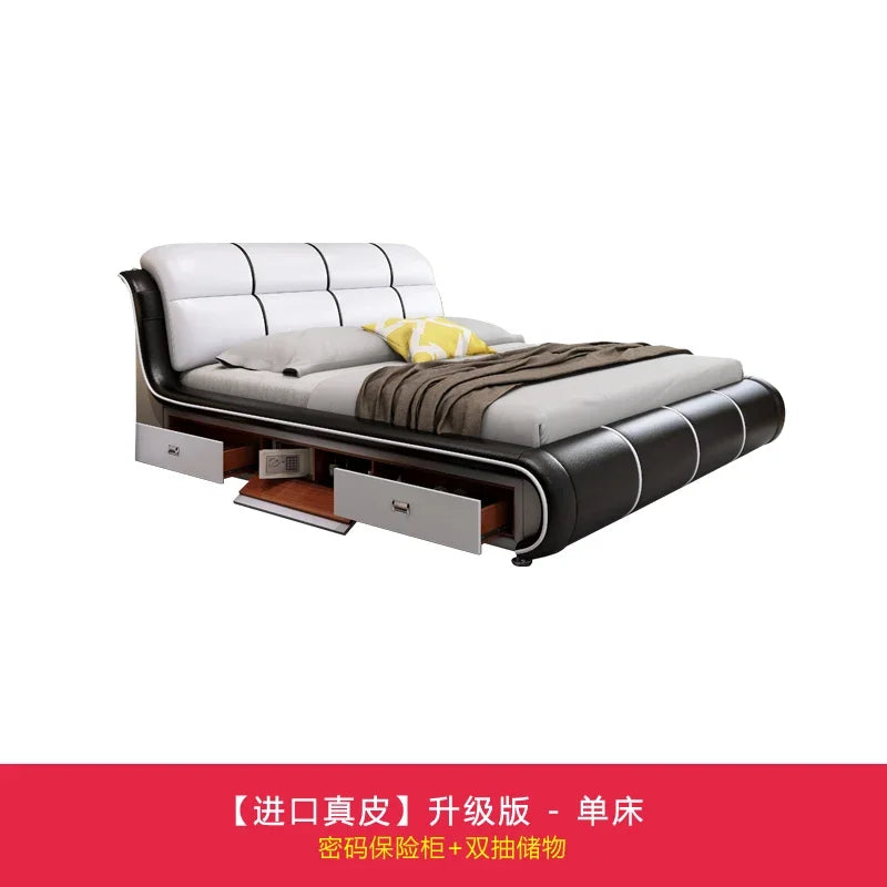 Modern cream and black leather bed frame with a tufted headboard, integrated storage drawers, and built-in safe.
