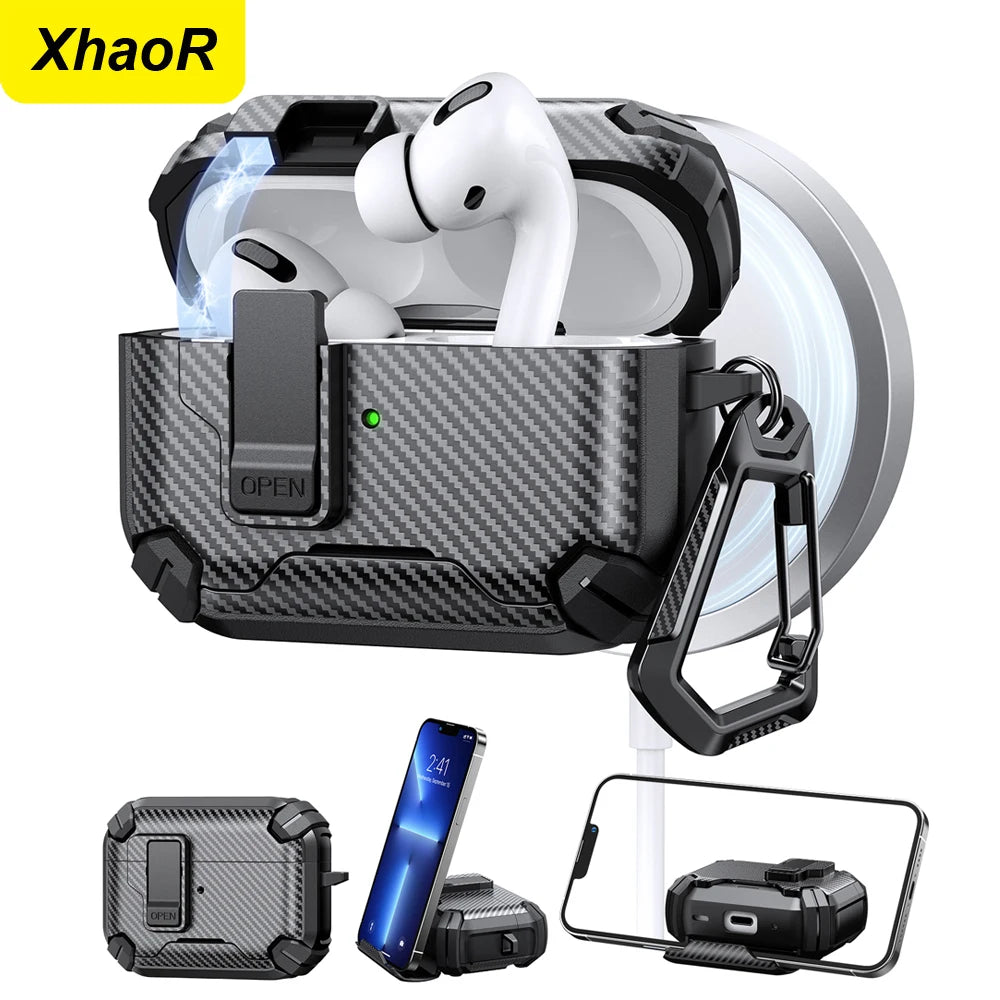 Rugged black carbon fibre-style case for AirPods Pro with a secure locking latch and carabiner.
