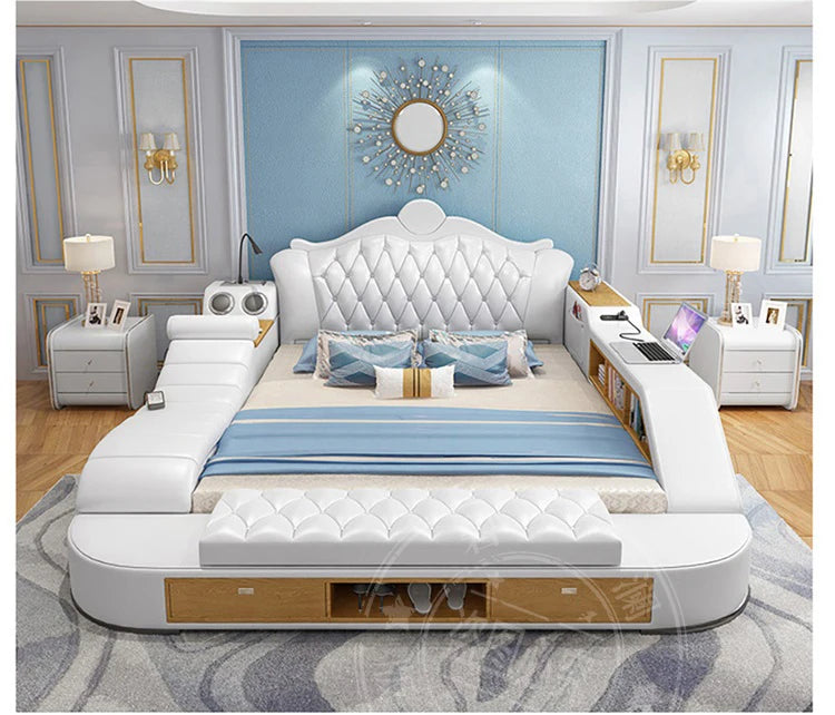 Modern white double bed with tufted headboard, integrated storage shelves, side tables, and pull-out drawers.