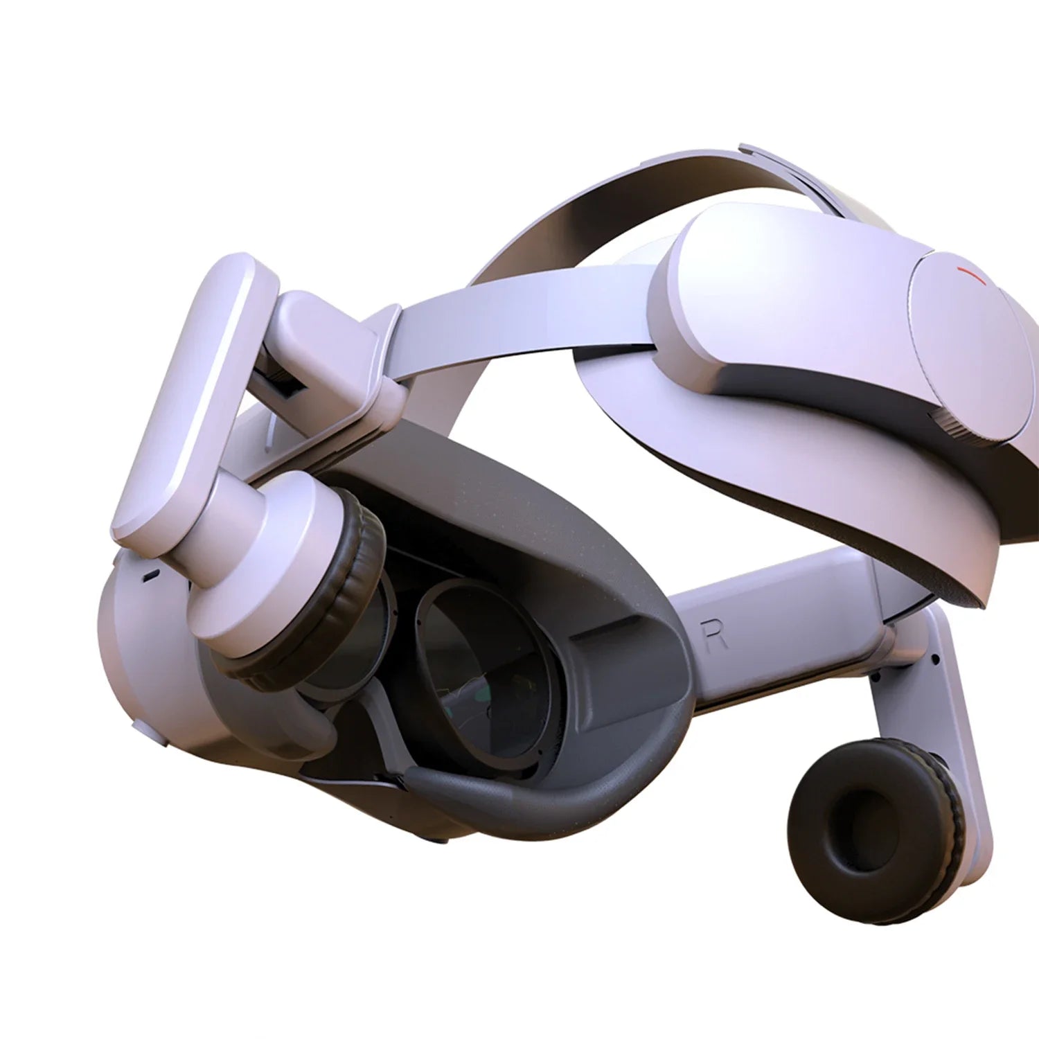 White VR headset featuring adjustable, cushioned black ear muffs for enhanced audio and comfort.