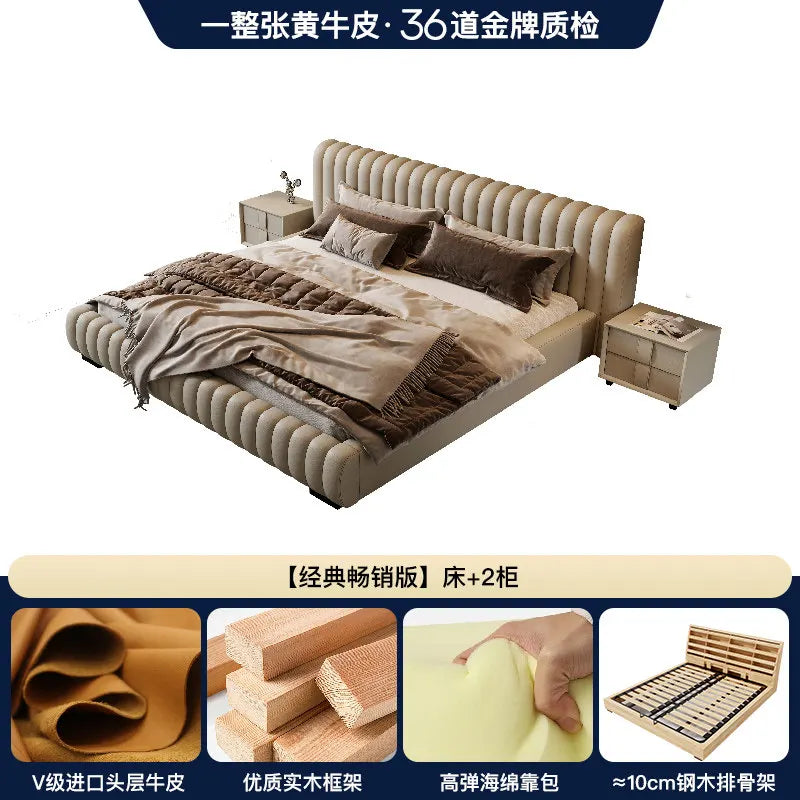 Modern cream upholstered bed frame with a ribbed, contemporary design and two matching bedside cabinets.