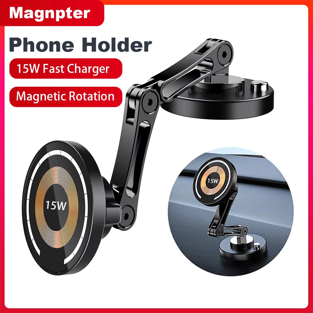 Black, adjustable magnetic phone holder with 15W wireless charging and a flexible multi-jointed arm.