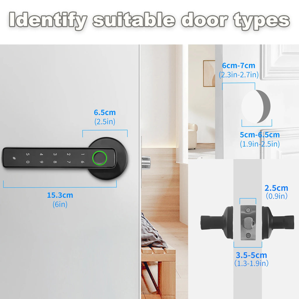Black metal smart door handle with fingerprint scanner and touchscreen keypad, shown with installation measurements.