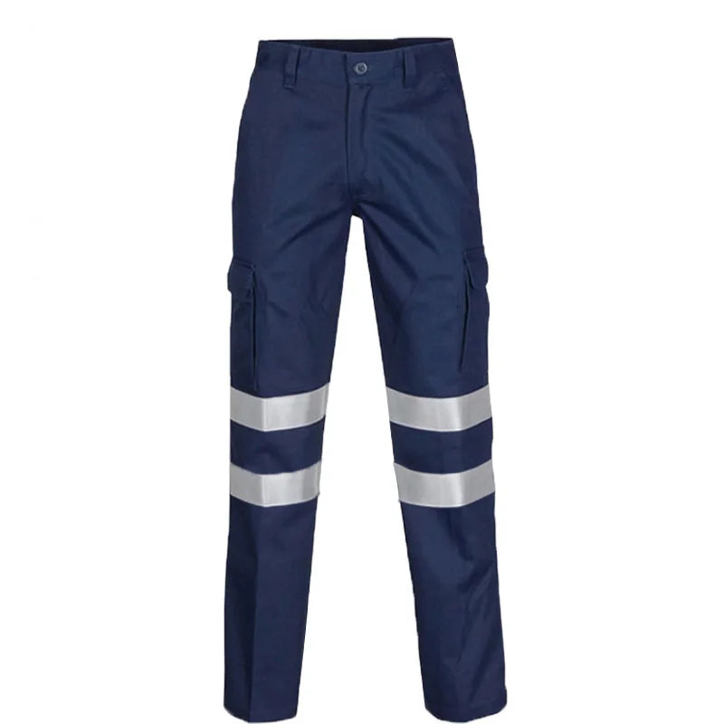 Navy blue work trousers with cargo pockets and two reflective silver strips around each leg.