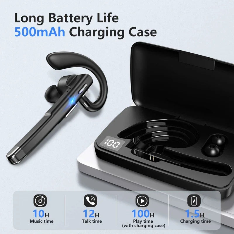 Black wireless Bluetooth earpiece with ear hook and digital display charging case, highlighting long battery life.