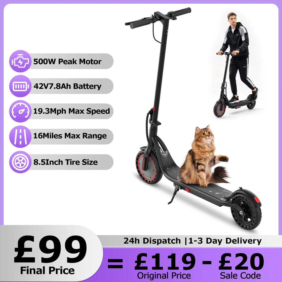 Black ATSANT W3 electric scooter with red wheel accents, digital handlebars, and a fluffy cat on the deck.