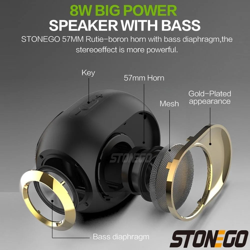Exploded view of a black portable wireless speaker featuring gold-plated accents, internal components, and bass grille.