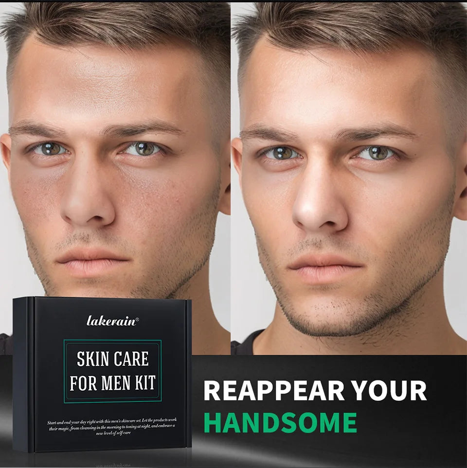 Before and after comparison of a man’s face showing improved skin texture using a black men’s skincare kit box.