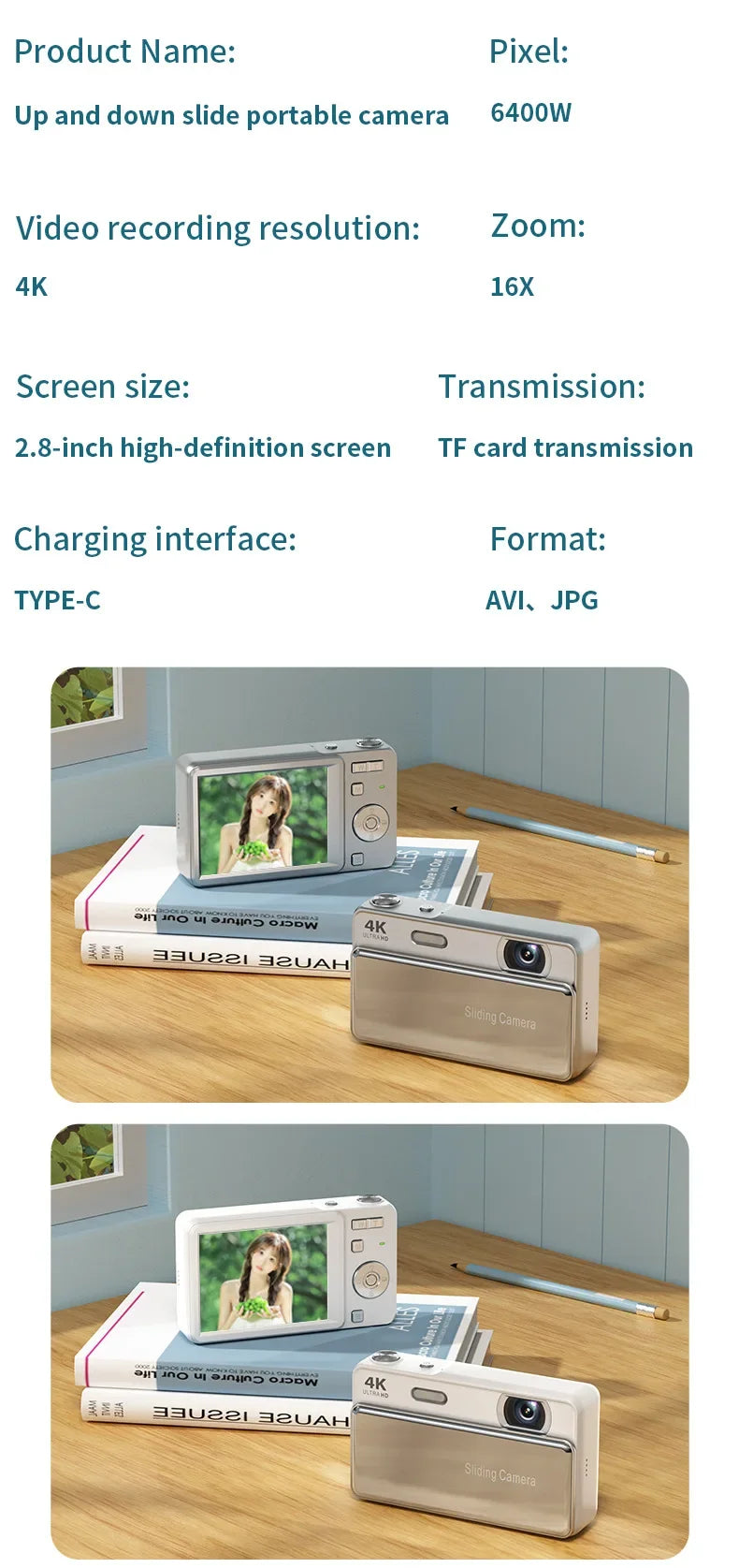 Two small portable digital cameras in silver and white, each featuring a sliding cover and a 2.8-inch back screen.