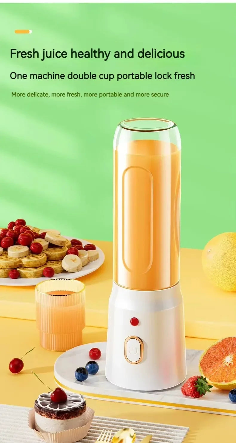 Portable white personal blender with an orange juice-filled cup, set on a yellow table with fruit and breakfast items.