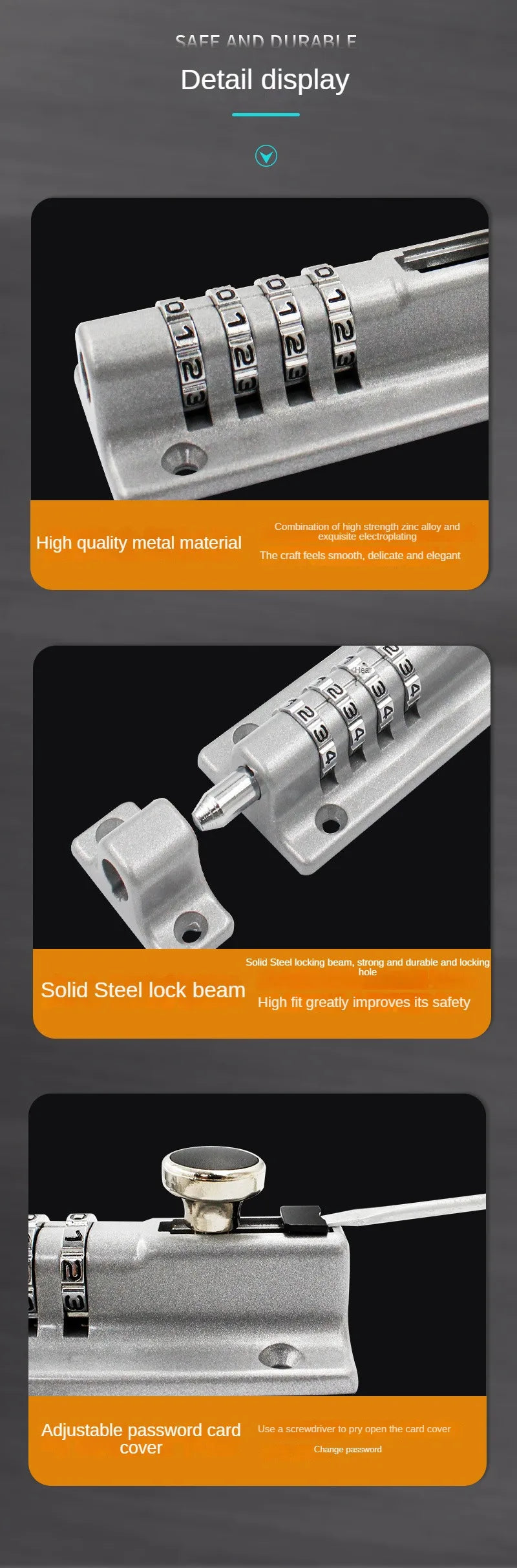 Silver zinc alloy 4-digit combination bolt lock with steel locking beam and adjustable password cover.