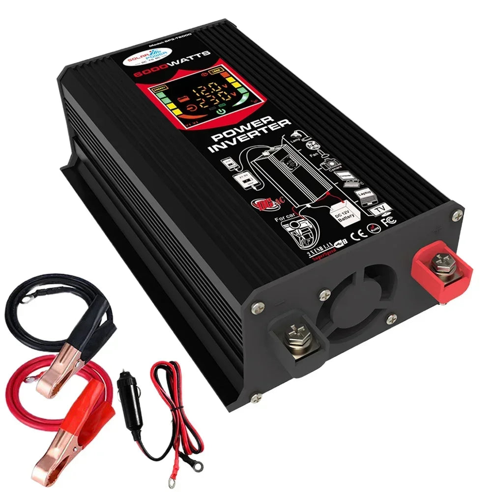 Black 6000W car power inverter with digital display, cooling fan, dual USB ports, and included battery connector cables.