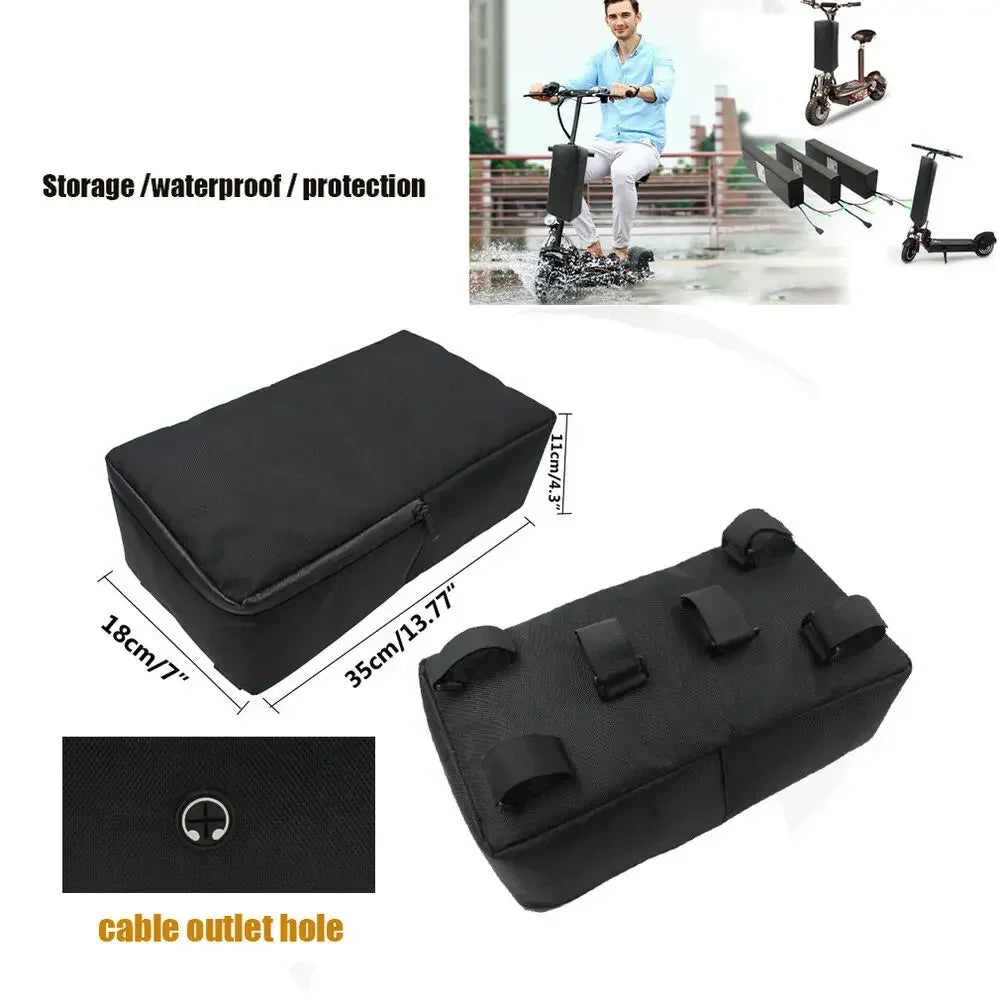 Black rectangular electric scooter battery storage bag with zipper and mounting straps on the bottom.
