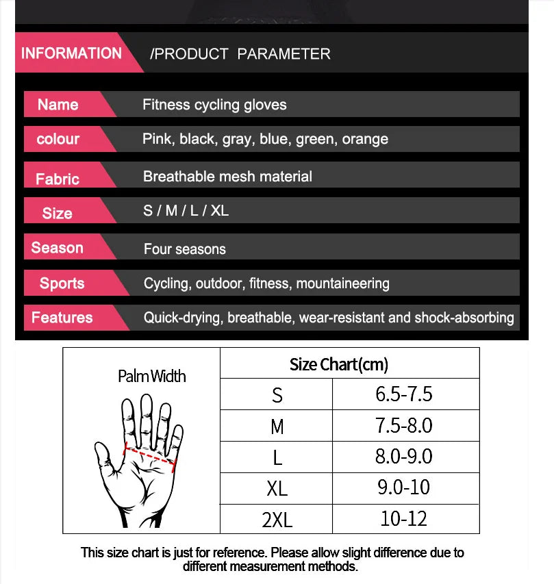 Product information table for breathable, shock-absorbing fitness cycling gloves with a palm width size chart.