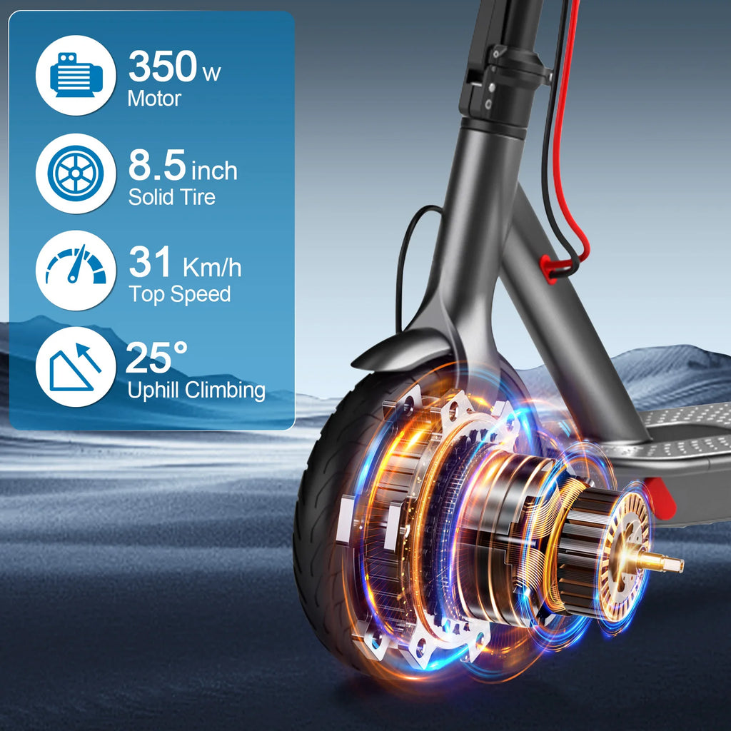 AOVOPRO dark grey electric scooter showcasing the 350W motor inside the front wheel with graphic overlay.