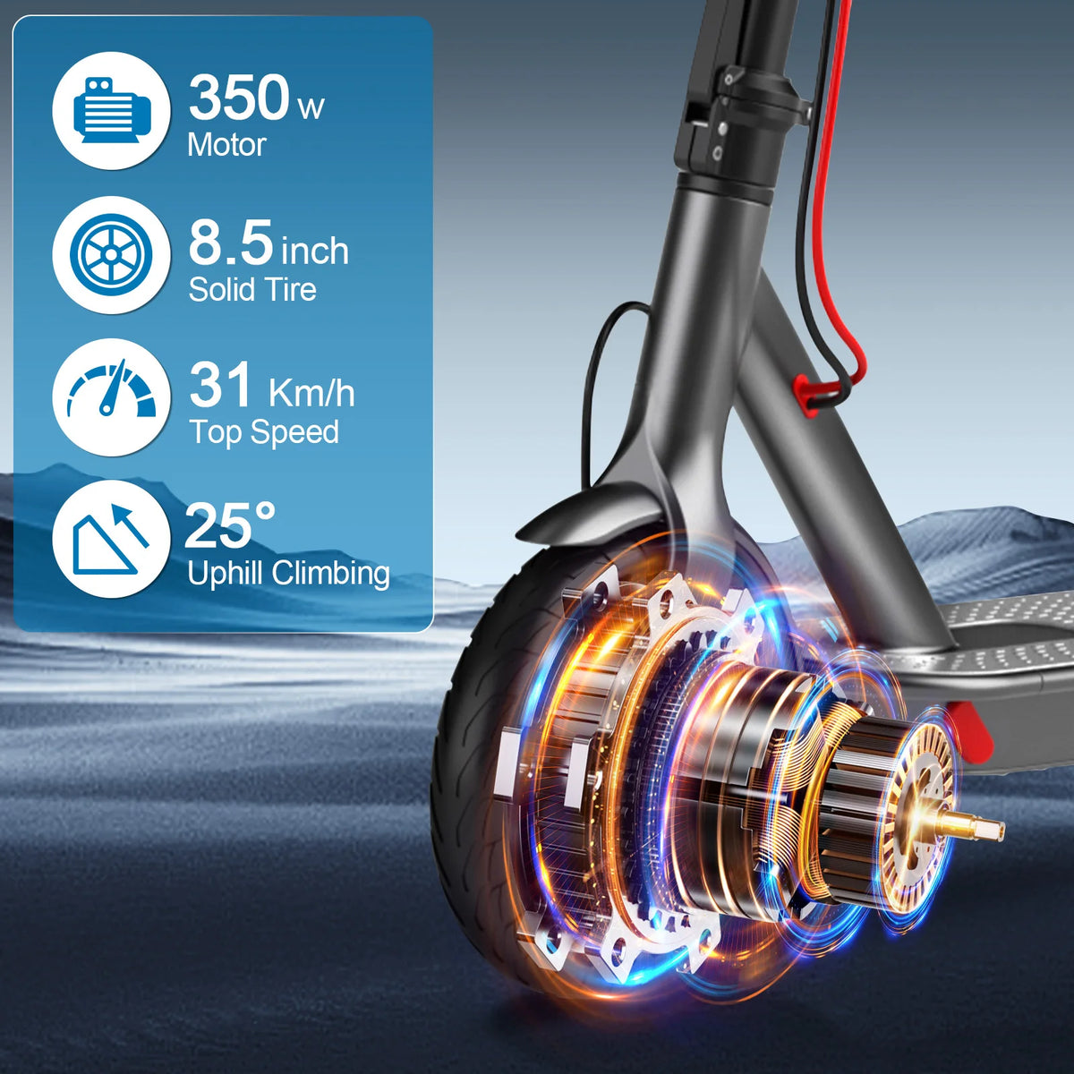 AOVOPRO dark grey electric scooter showcasing the 350W motor inside the front wheel with graphic overlay.