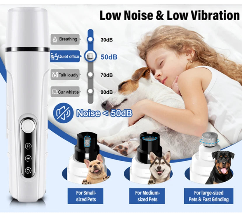 White, quiet electric pet nail grinder with LED light, featuring three attachment heads for all pet sizes.