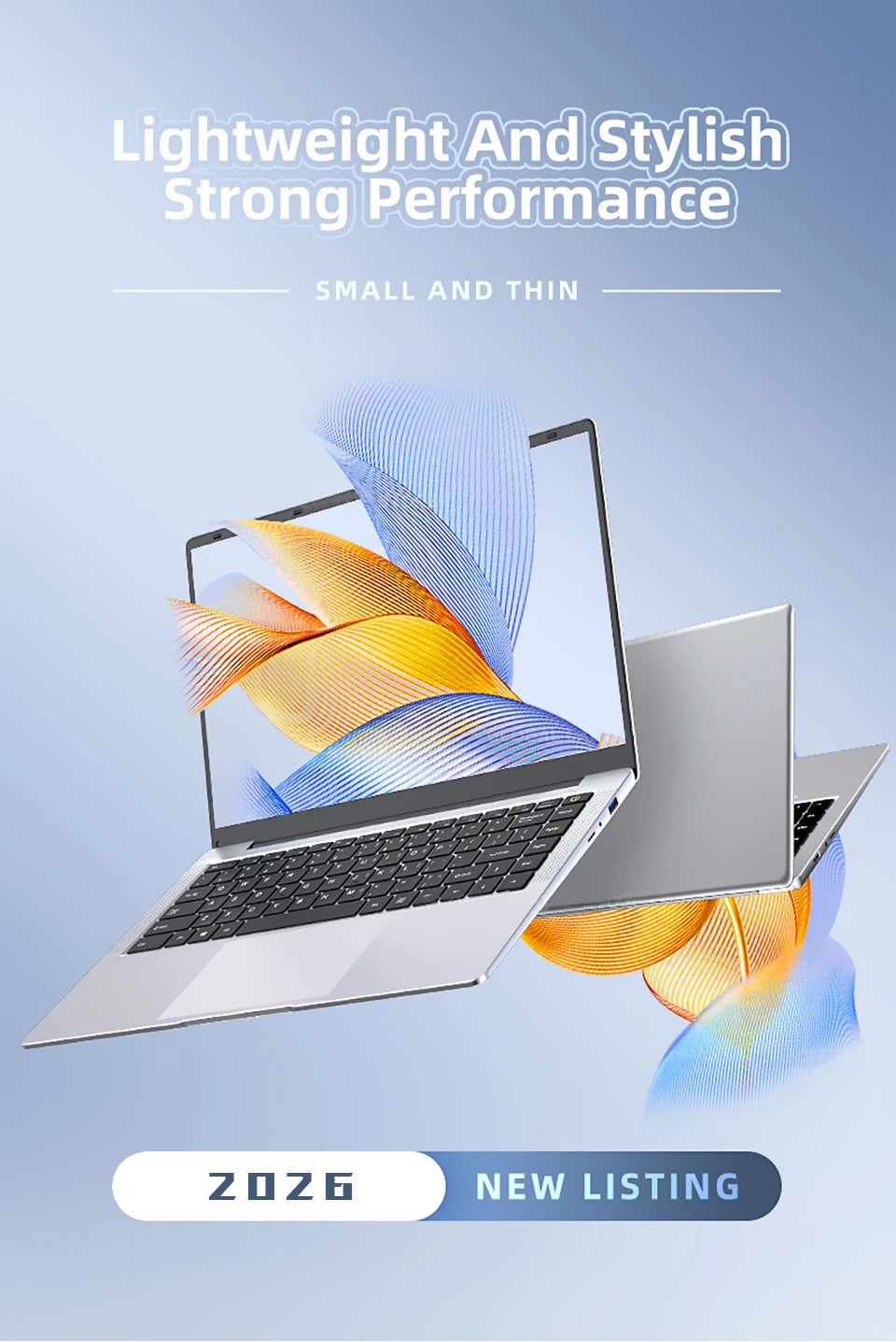 Silver 14.1-inch slim laptop with a black keyboard, set against a blue abstract background.