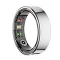 Polished silver smart health ring with visible internal tracking sensors and circuitry on a white background.