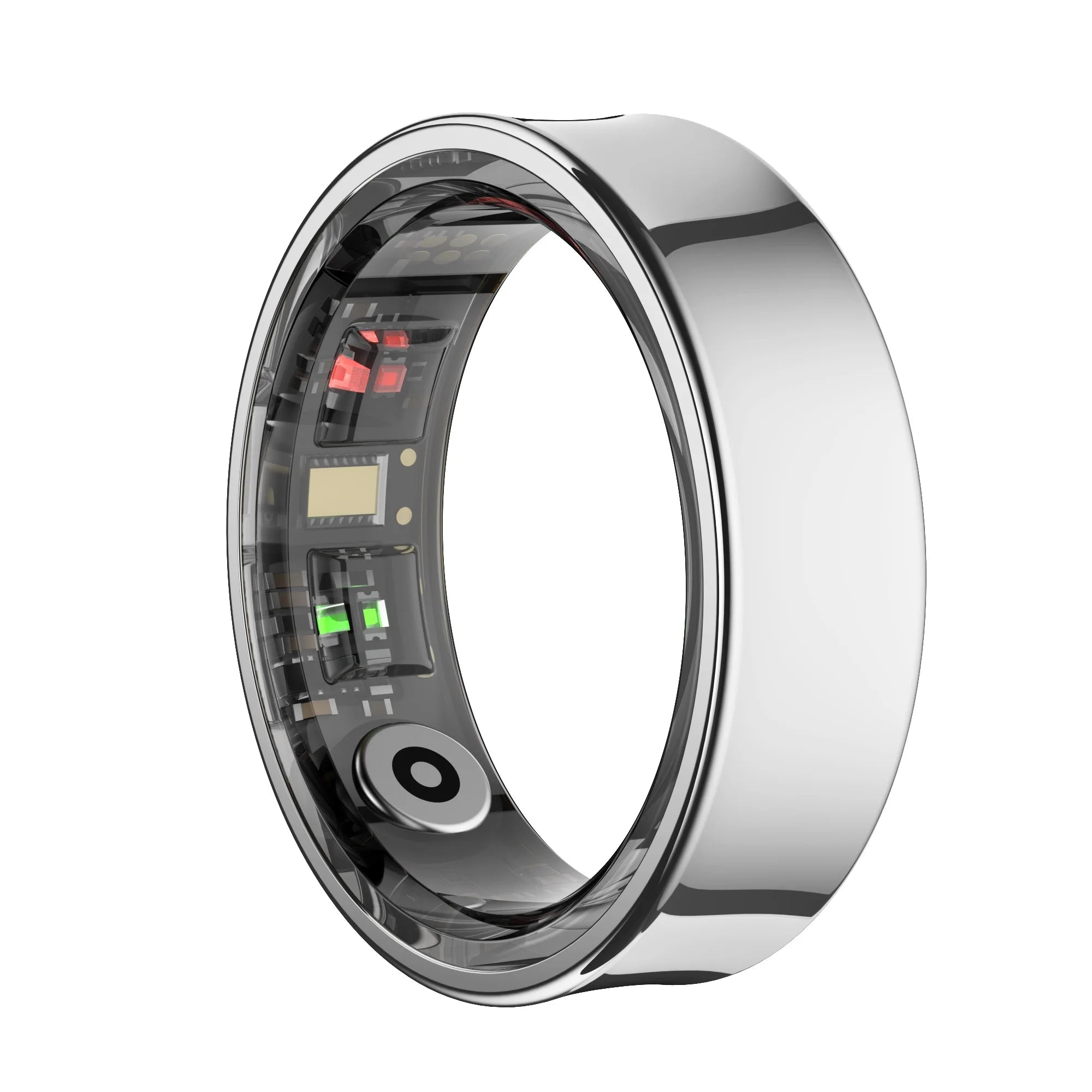 Polished silver smart health ring with visible internal tracking sensors and circuitry on a white background.
