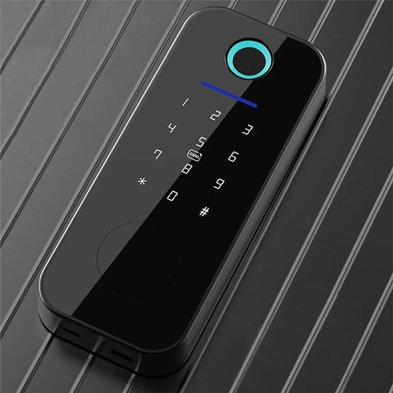 Black smart electronic door lock with a glass touch keypad, numeric display, and integrated fingerprint scanner.
