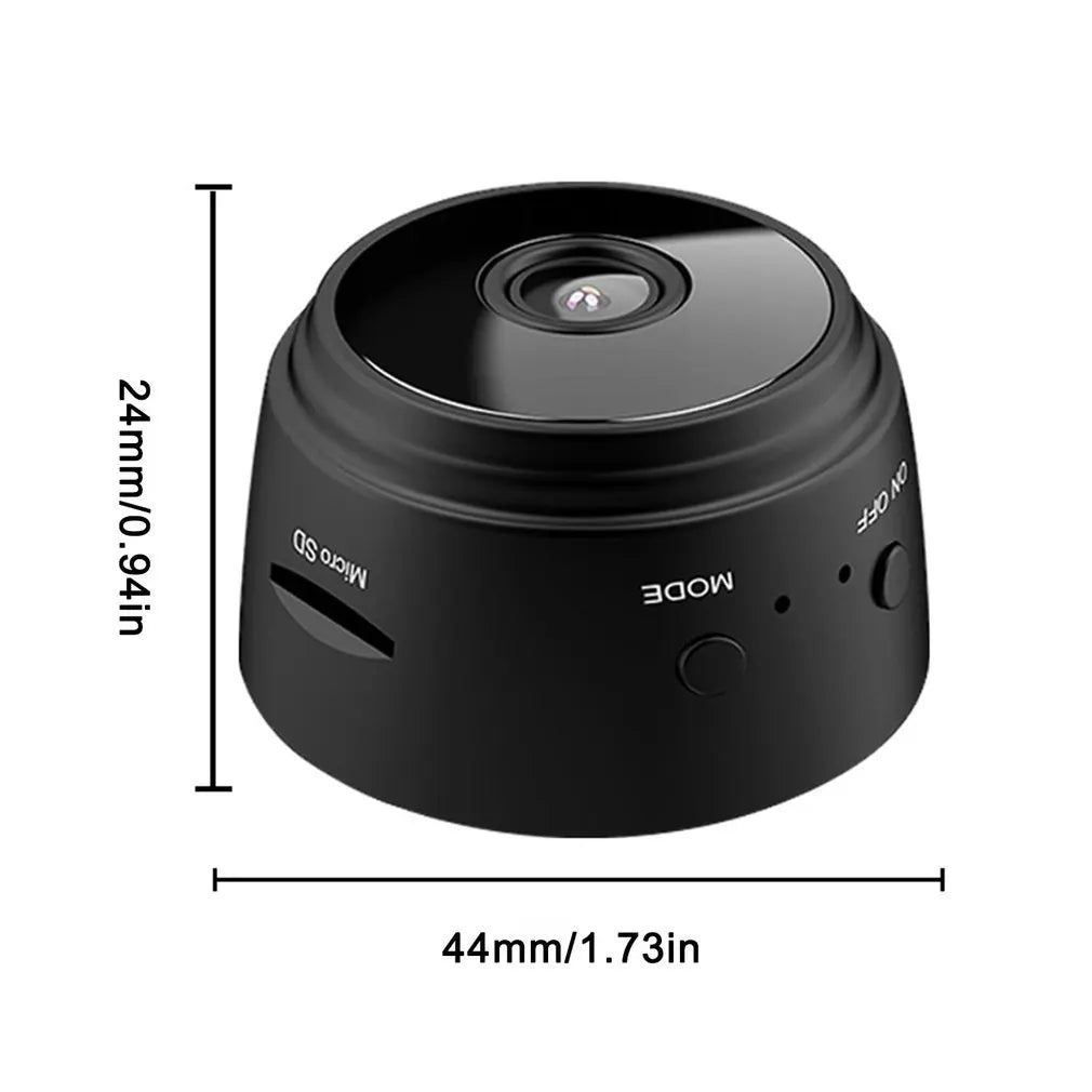 Small black plastic wireless security camera with a Micro SD slot, mode button, and on/off switch.