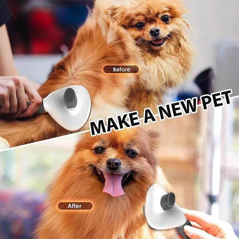 Before and after comparison of a fluffy brown dog being groomed with a white and grey pet hair removal brush.
