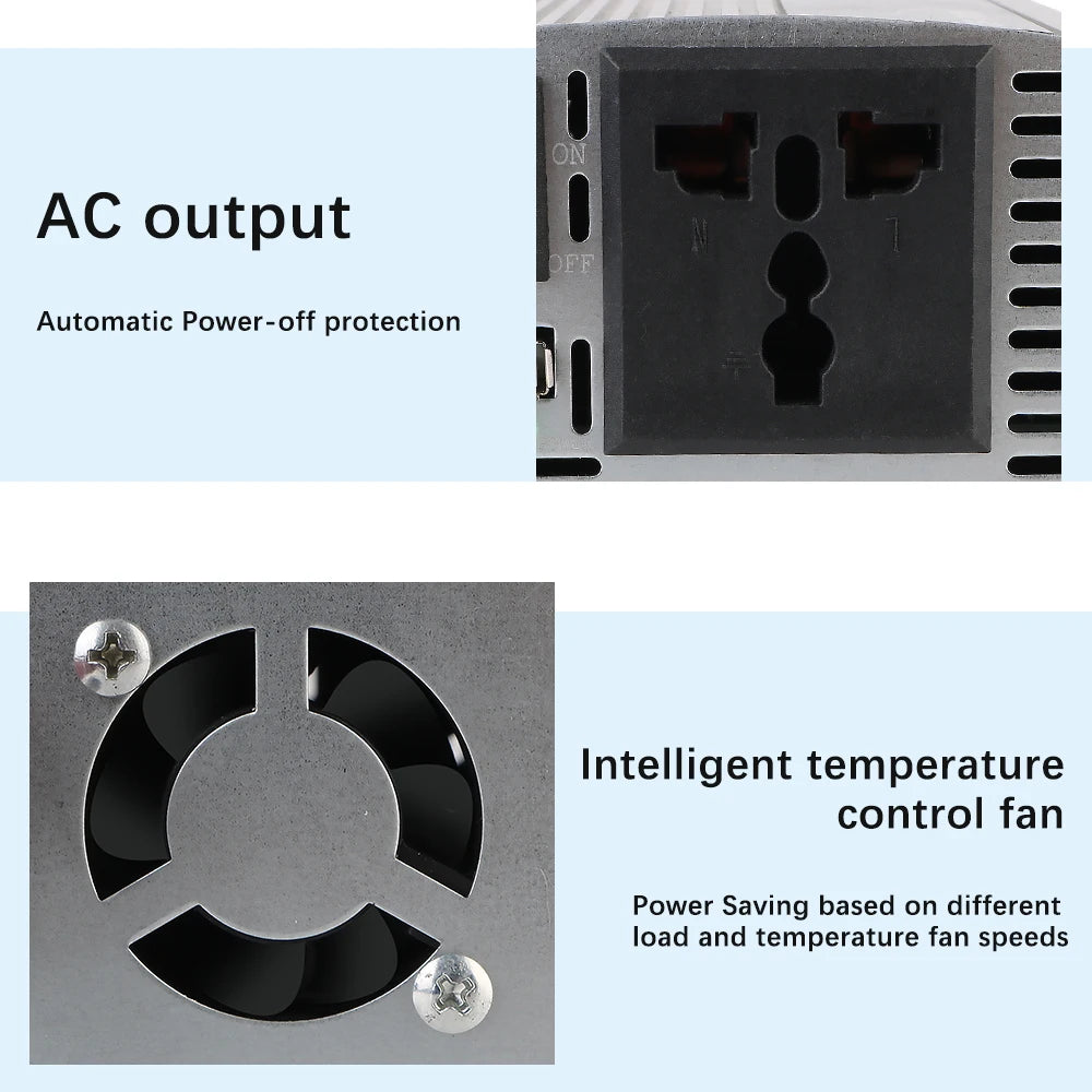Silver 2000W power inverter with an AC output socket, on/off switch, and an intelligent temperature-controlled fan.