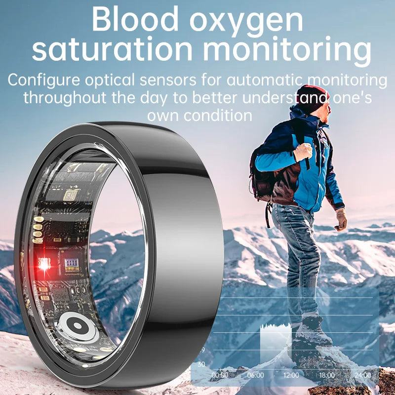 Sleek, black fitness ring showing internal sensor technology, with a mountain hiker in the background.
