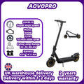 AOVOPRO black foldable electric scooter with 10-inch wheels, digital display, kickstand, and folded view.