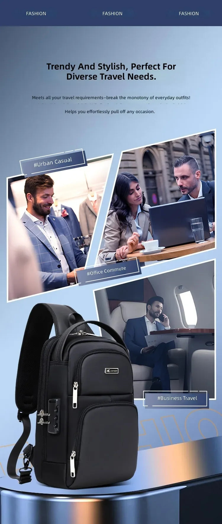 Sleek black waterproof anti-theft sling bag featuring a built-in password lock and adjustable strap.