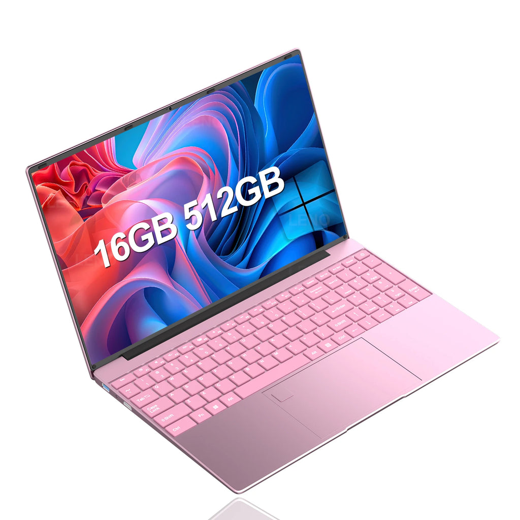A sleek, light pink 15.6-inch laptop with a modern, slim-bezel design and a colourful abstract desktop background.