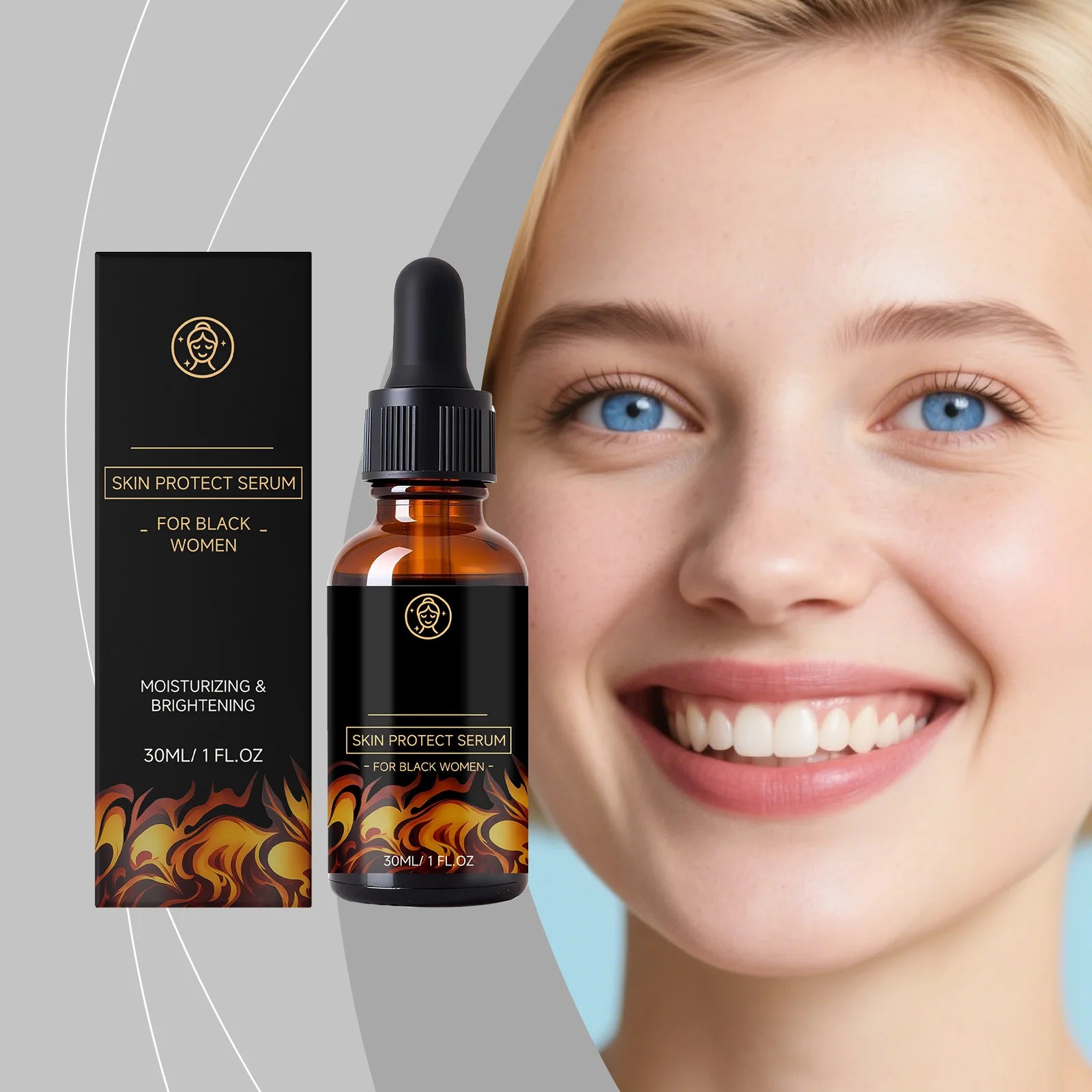 30ml skin brightening and moisturizing serum in an amber glass dropper bottle with a matching black box.