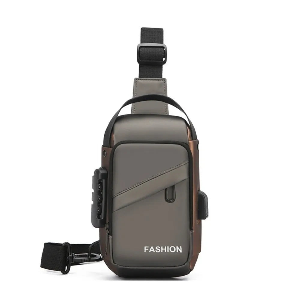 Grey, sleek men’s anti-theft chest bag with adjustable strap, secure combination lock, and side USB charging port.